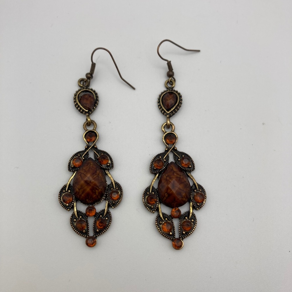 Antique Brass Amber Resin Chandelier Earrings Vintage Style Boho Drop Dangle 3in